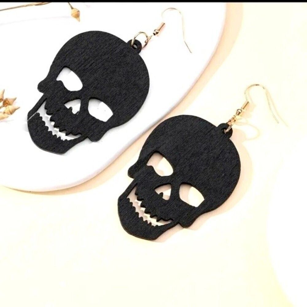 Wood carved black Skull earrings